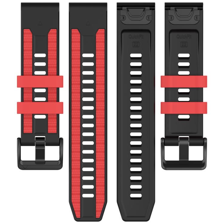 Black and red silicone watch band parts shown from both sides with buckle and adjustment holes