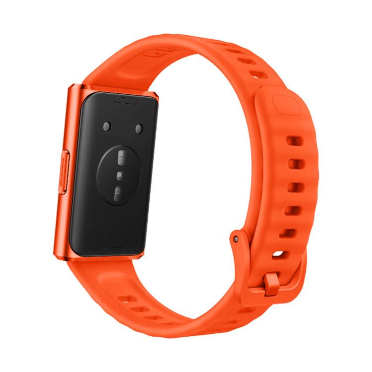 Orange fluororubber watch band with quick-release buckle and adjustment holes