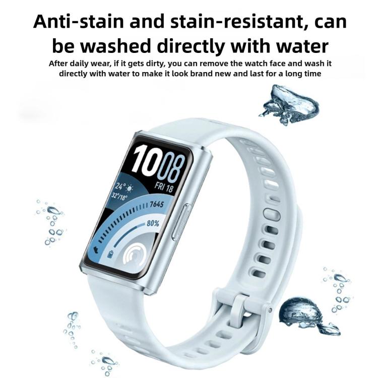 Pale blue perforated watch band attached to a rectangular smartwatch.