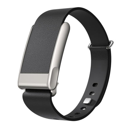 Black vegan leather watch band with silver-tone buckle and adjustable holes for WHOOP 5.0