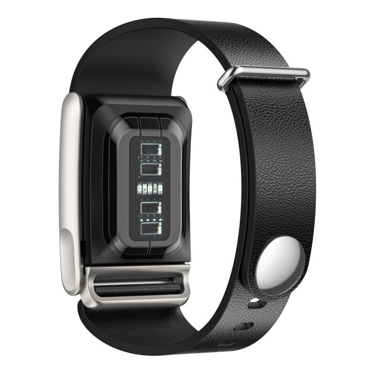 Black vegan leather WHOOP 5.0 band shown with its sensor module and silver-tone hardware