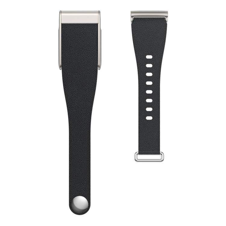 Two-piece black vegan leather watch band with silver-tone hardware and adjustable holes