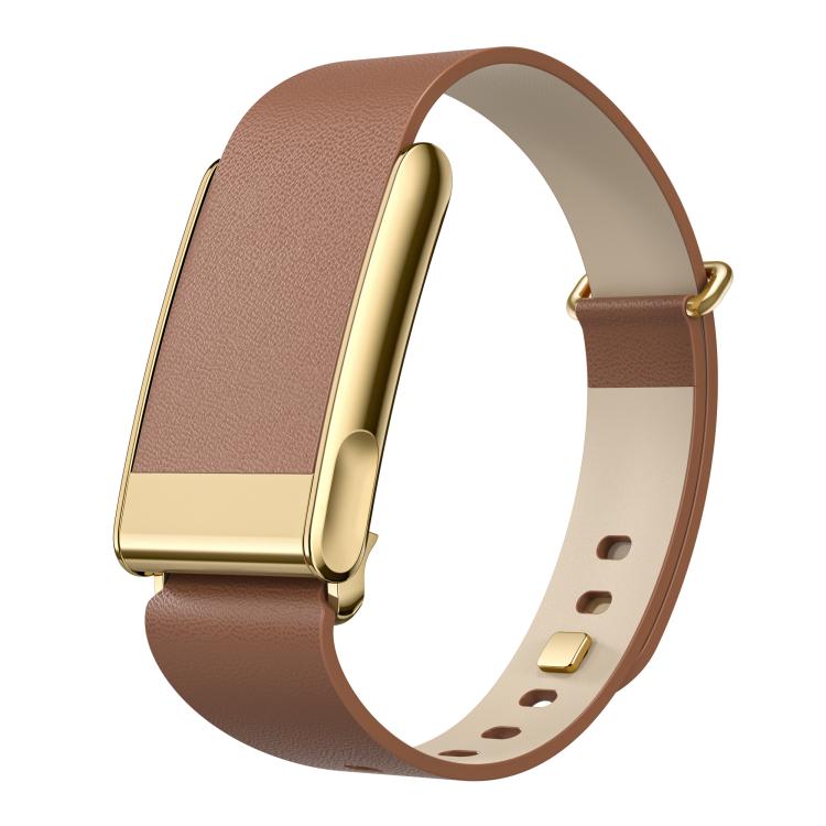 Brown vegan leather watch band with gold-tone buckle and adjustable holes