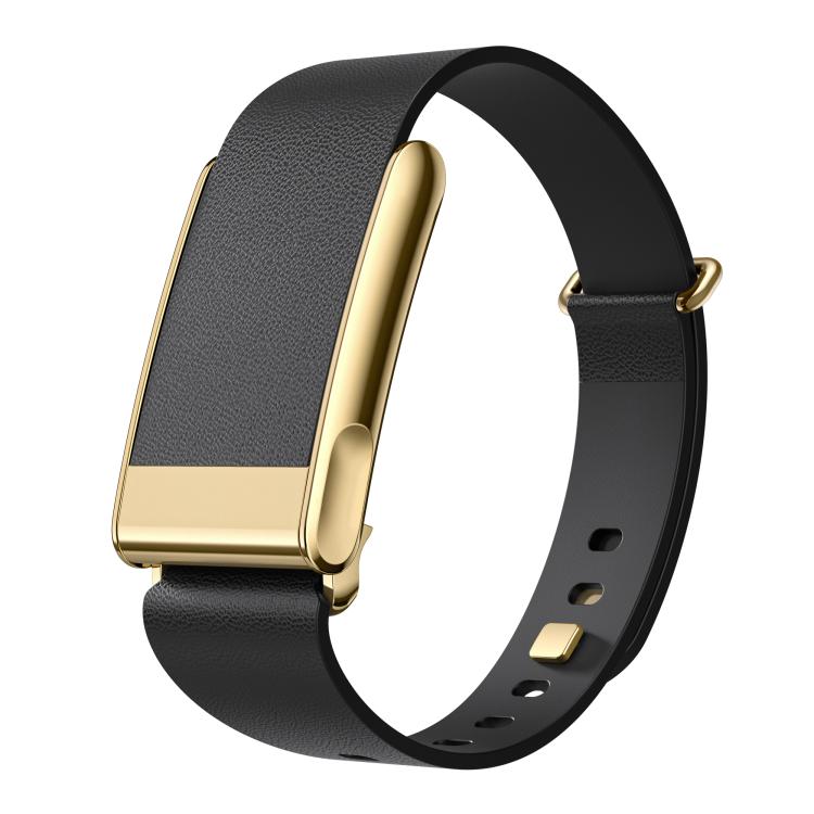 Black vegan leather watch band with gold-tone buckle and adjustable holes