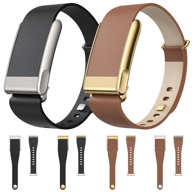 Four slim vegan leather watch bands in black and brown with silver- and gold-tone hardware