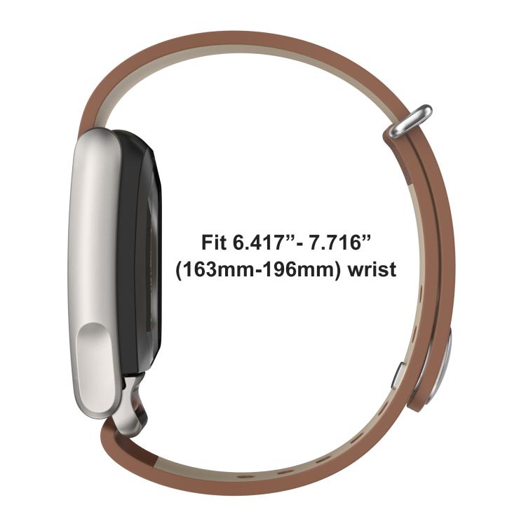Brown vegan leather watch band with silver buckle and WHOOP tracker; fits 6.4–7.7-inch wrists