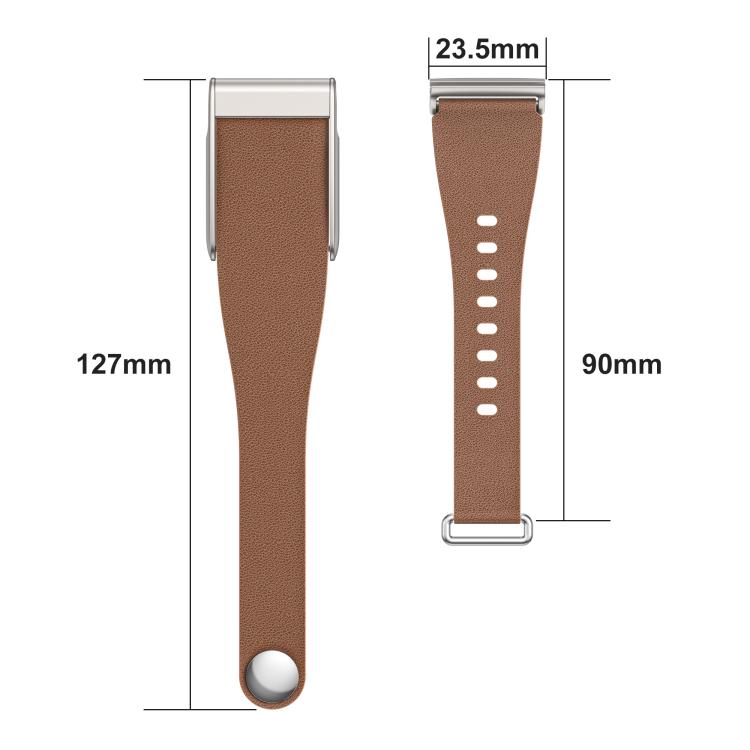 Brown vegan leather watch band with silver hardware, shown in two views with length and width measurements