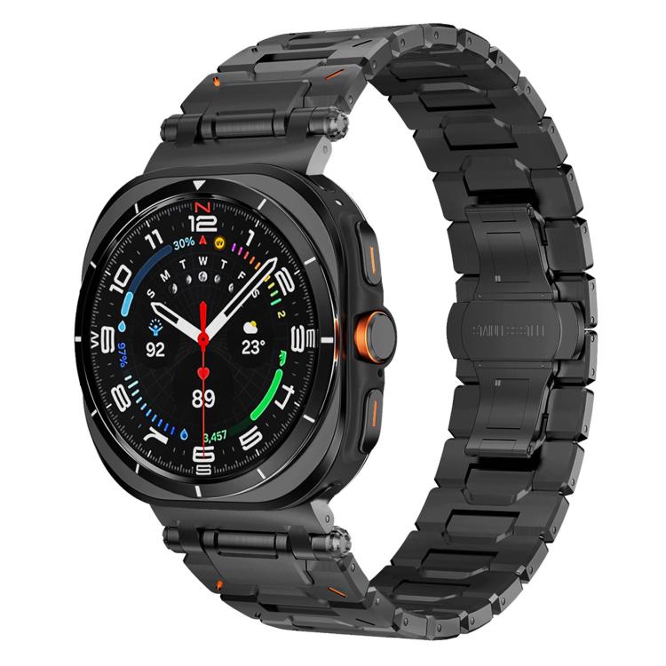 Black titanium alloy watch band with butterfly clasp fitted to a round smartwatch