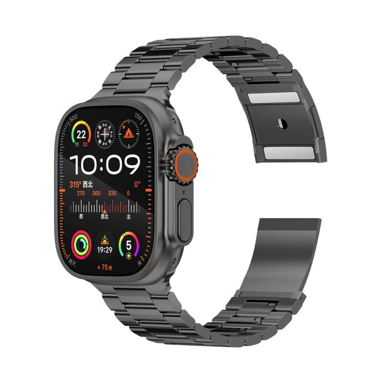 Dark metal watch band and smartwatch, showing the linked bracelet and clasp