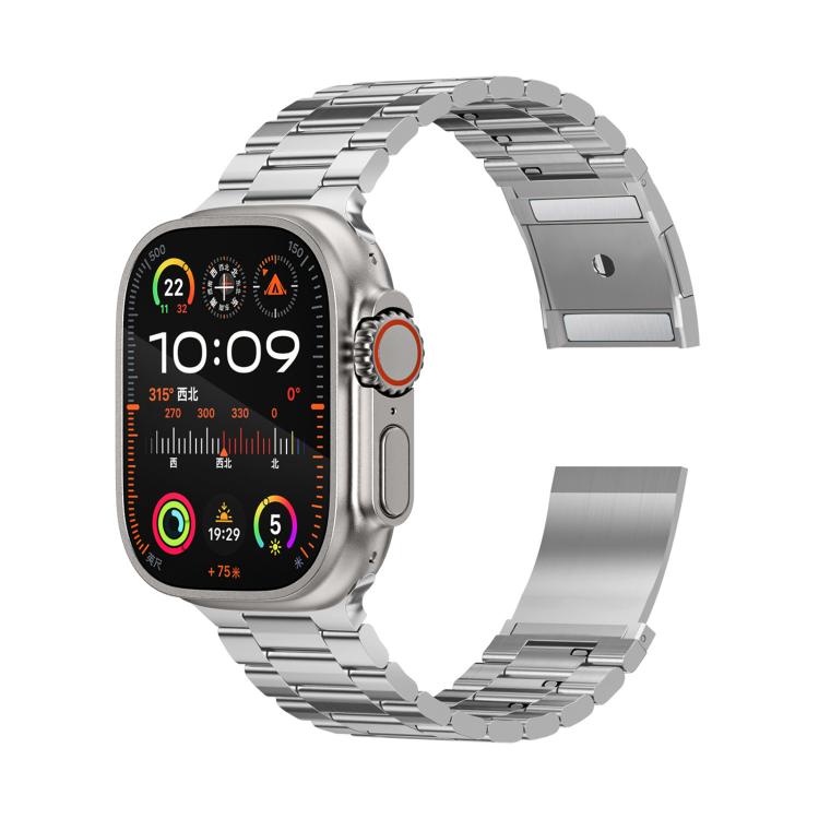 Silver three-bead metal watch band and smartwatch, showing the linked bracelet and clasp