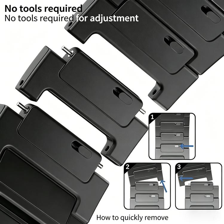 Dark metal watch band links with tool-free adjustment and removal instructions