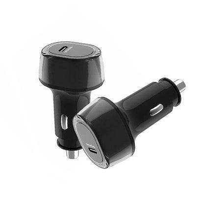 Black USB-C car buck-boost charger with one Type-C port, angled view