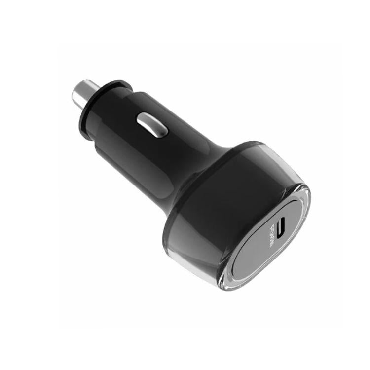 Black USB-C car buck-boost charger with metal plug prongs, side view