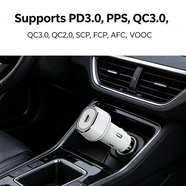 White USB-C car buck-boost charger plugged in, compact circular top