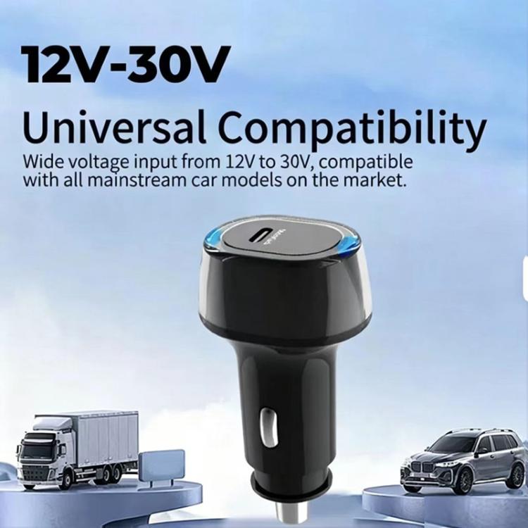 Black USB-C car buck-boost charger with one Type-C port, front view