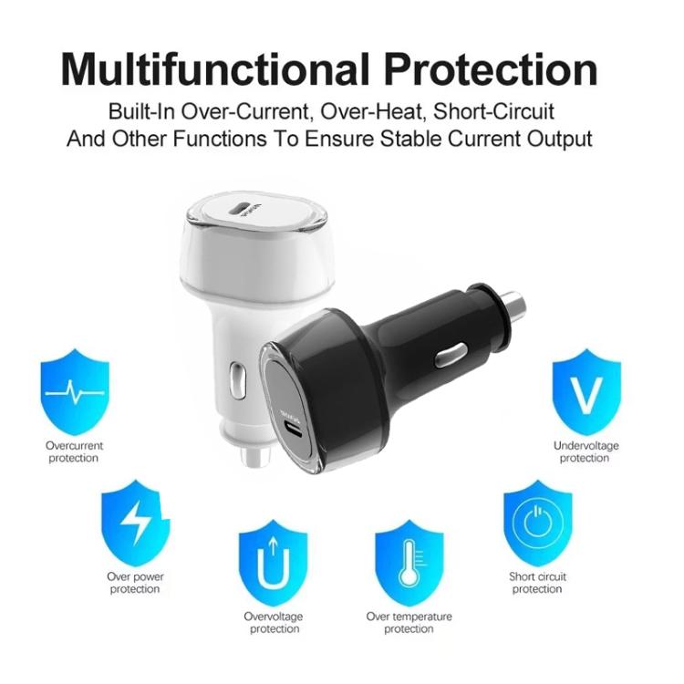 Black and white USB-C car buck-boost charger with metal prongs, protection icons