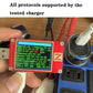 USB-C car buck-boost charger connected to a test device, ports close-up