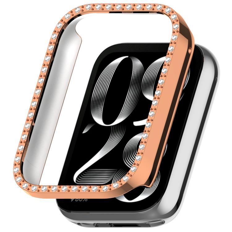 Rose gold rhinestone watch case shown over a smartwatch screen
