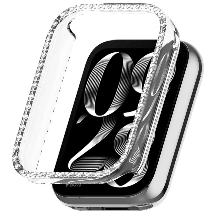 Clear half-coverage watch case with crystal trim shown over a smartwatch