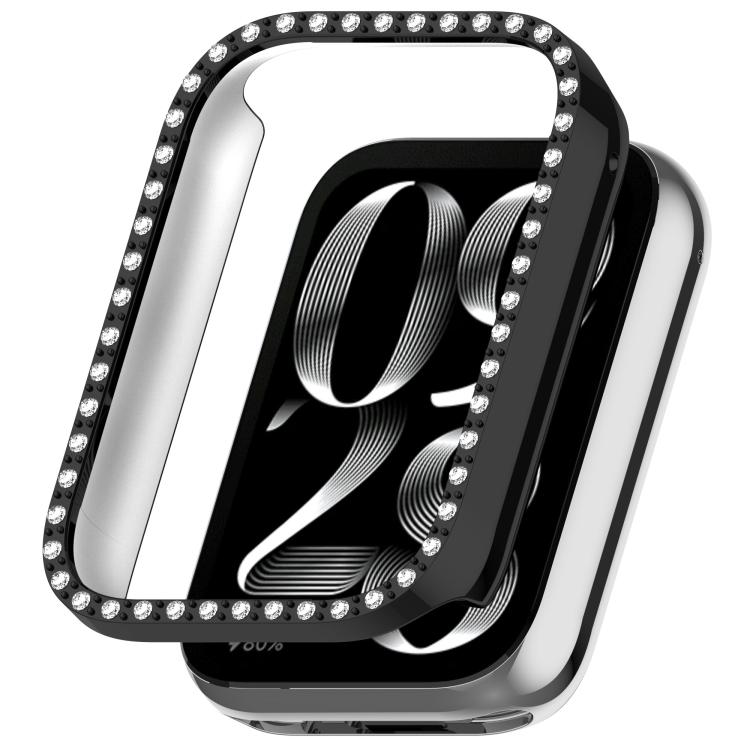 Black half-coverage watch case with crystal trim shown over a smartwatch