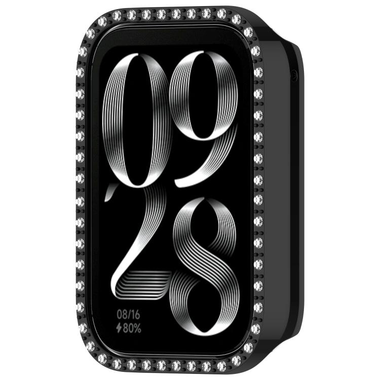Black smartwatch protective case with a rhinestone border, shown fitted around the screen