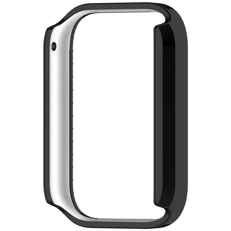 Smooth silver and black open-frame smartwatch case with side button opening