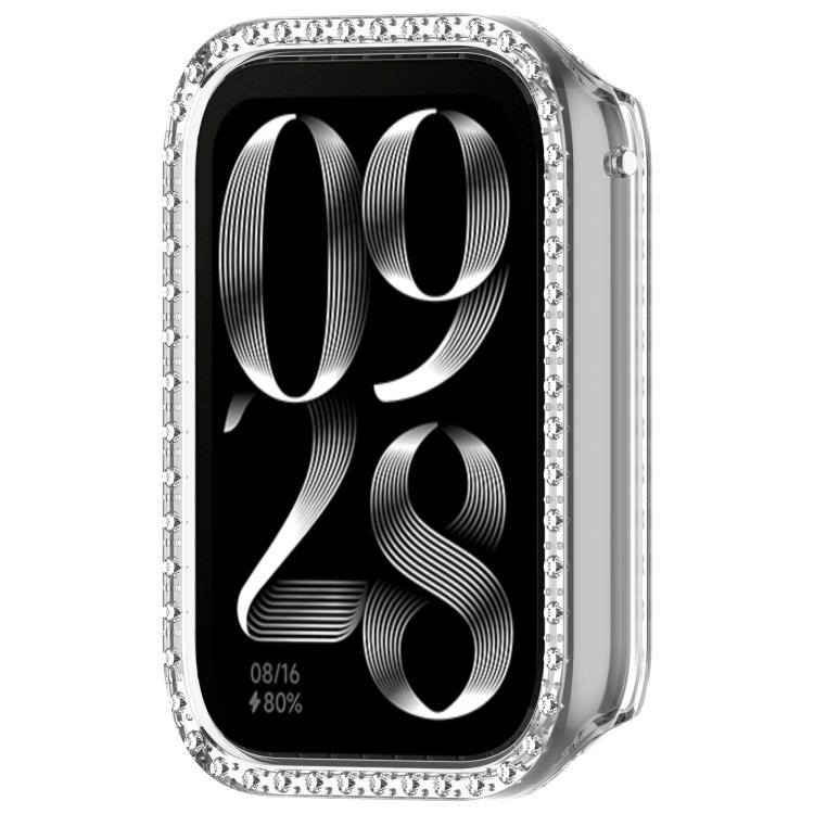 Clear watch case with a silver rhinestone bezel, shown fitted on a smartwatch