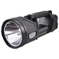 Rugged black LED flashlight with large front lens and rear vented grip