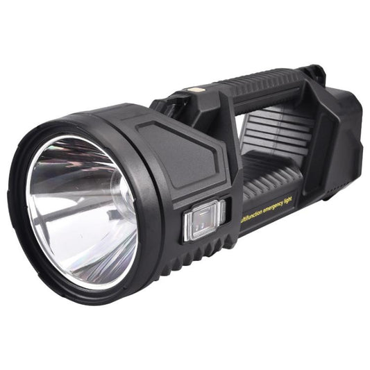 Rugged black LED flashlight with large front lens and rear vented grip