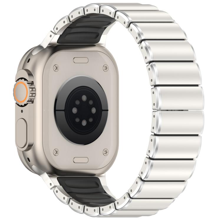 Back view of silver titanium alloy watch band with black silicone lining and folding clasp