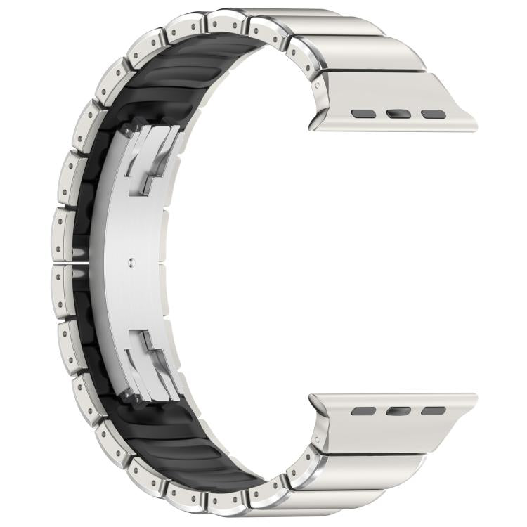 Inside view of silver titanium alloy watch band with black silicone lining and folding clasp