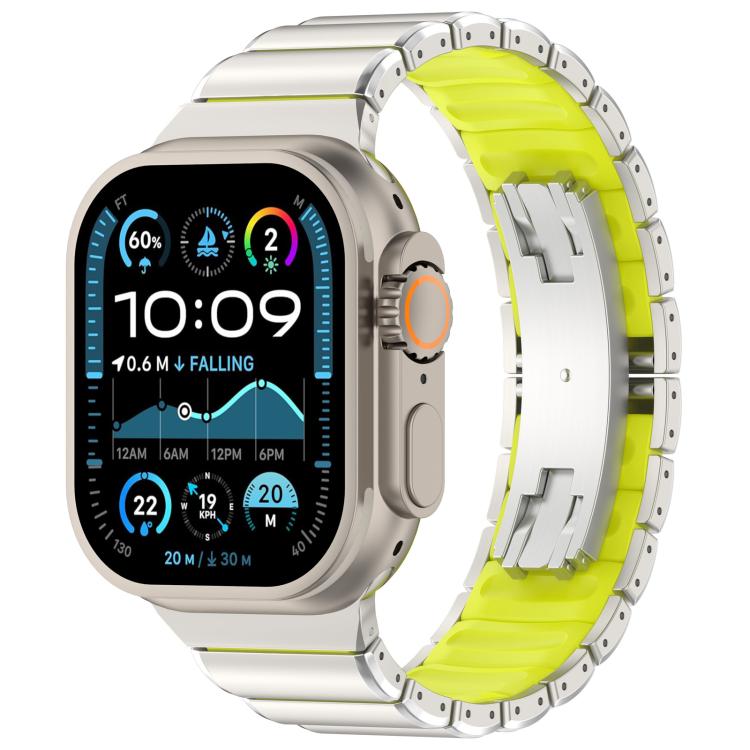 Silver titanium alloy watch band with bright lime silicone inlay and folding buckle