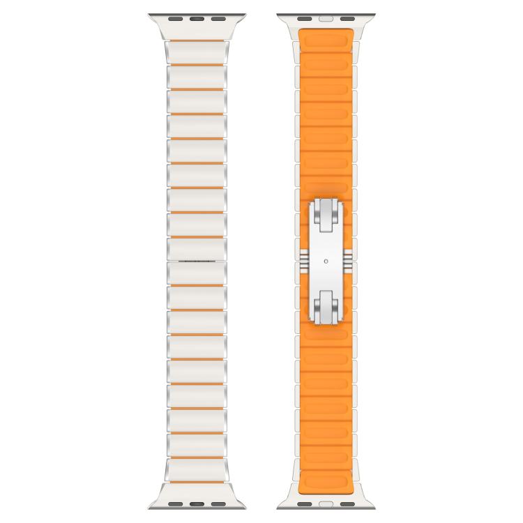 Two-sided watch band view showing silver links, orange silicone inlay, and folding buckle