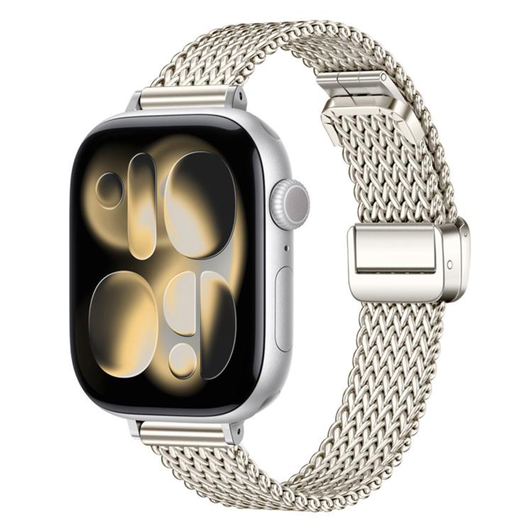 Starlight stainless steel mesh band and magnetic clasp shown on a smartwatch