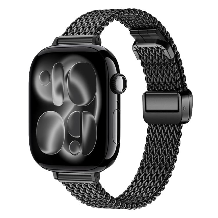 Black stainless steel mesh watch band with magnetic clasp, shown on a black smartwatch