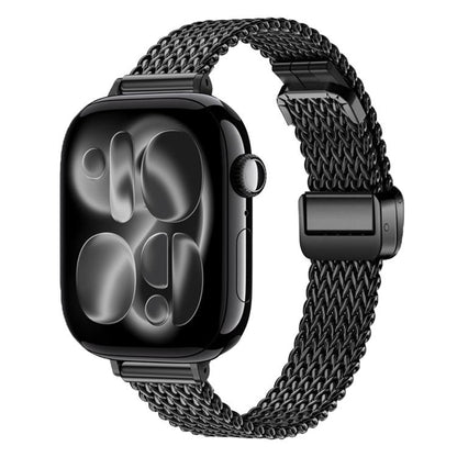 Black stainless steel mesh watch band with magnetic clasp, shown on a black smartwatch