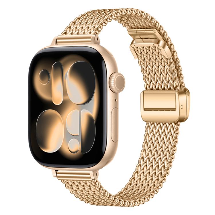 Rose gold mesh stainless steel watch band with magnetic clasp on a smartwatch