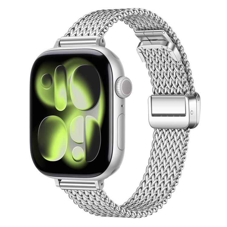 Silver mesh stainless steel watch band with magnetic clasp on a smartwatch