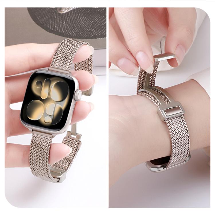Rose gold stainless steel mesh watch band with magnetic buckle shown open and fastened