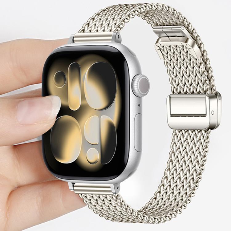 Silver stainless steel mesh watch band with fold clasp attached to a smartwatch