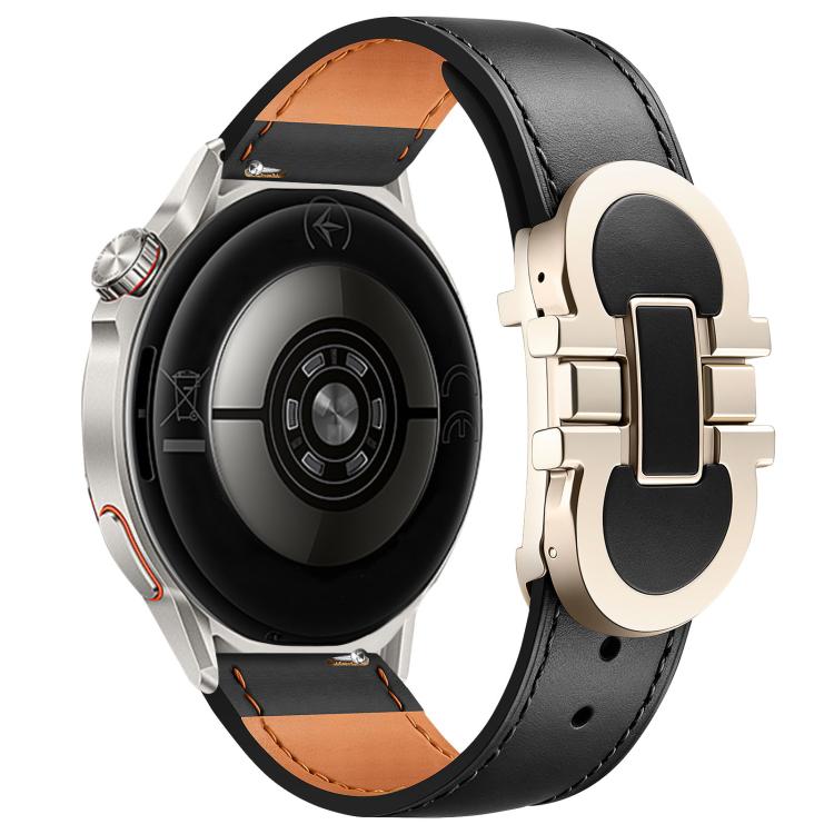 Black leather watch band with pale metal magnetic buckle, shown on a smartwatch