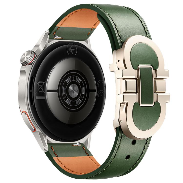 Green leather watch band with pale metal magnetic buckle, shown on a smartwatch