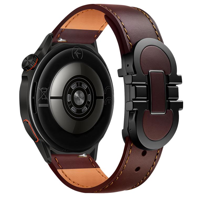 Dark brown leather watch band with black magnetic buckle, shown on a smartwatch