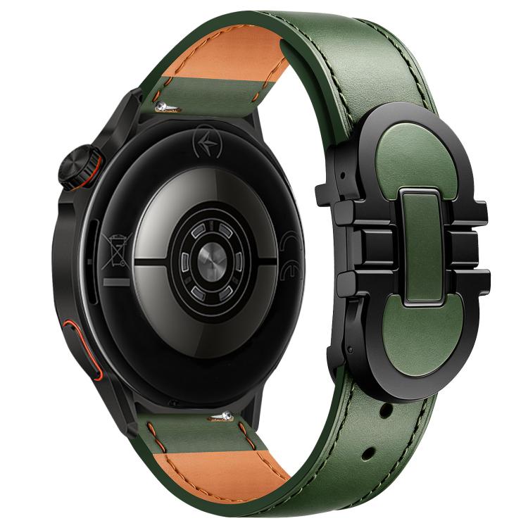 Green leather watch band with black magnetic buckle, shown on a smartwatch