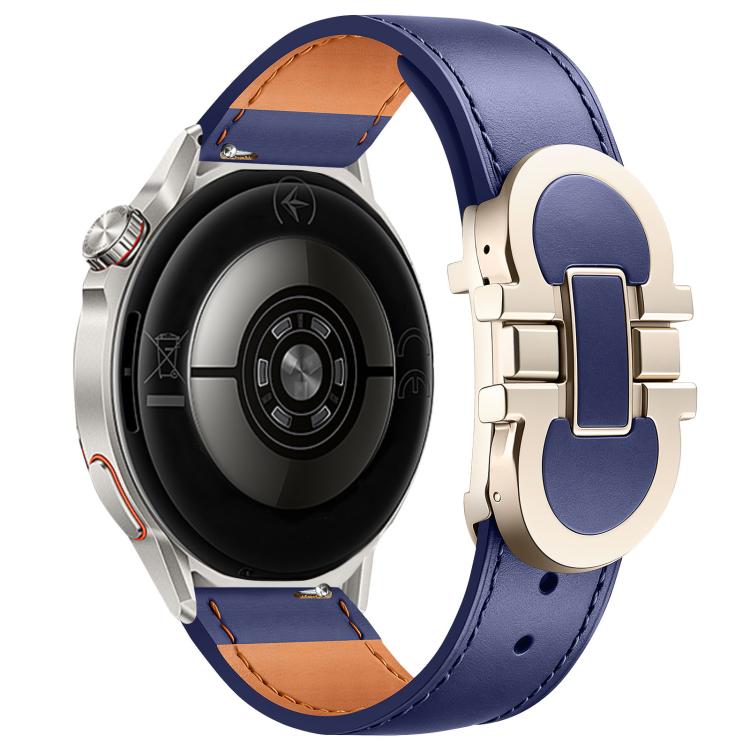 Blue leather watch band with gold-tone magnetic buckle, shown on a smartwatch