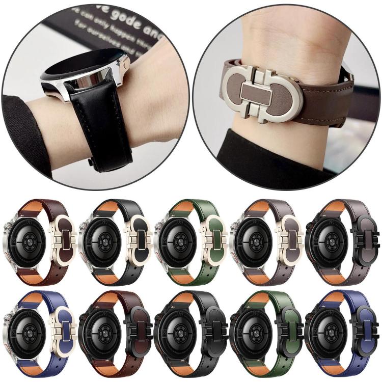 Leather watch band color options, with buckle close-ups and bands shown on wrists