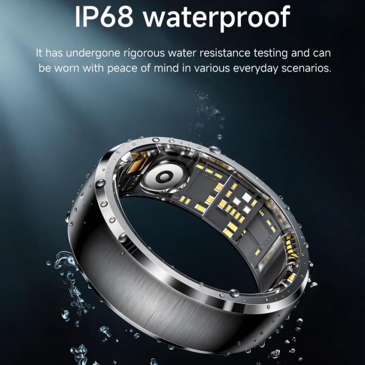 Silver smart ring with visible inner components, shown underwater to demonstrate waterproofing.