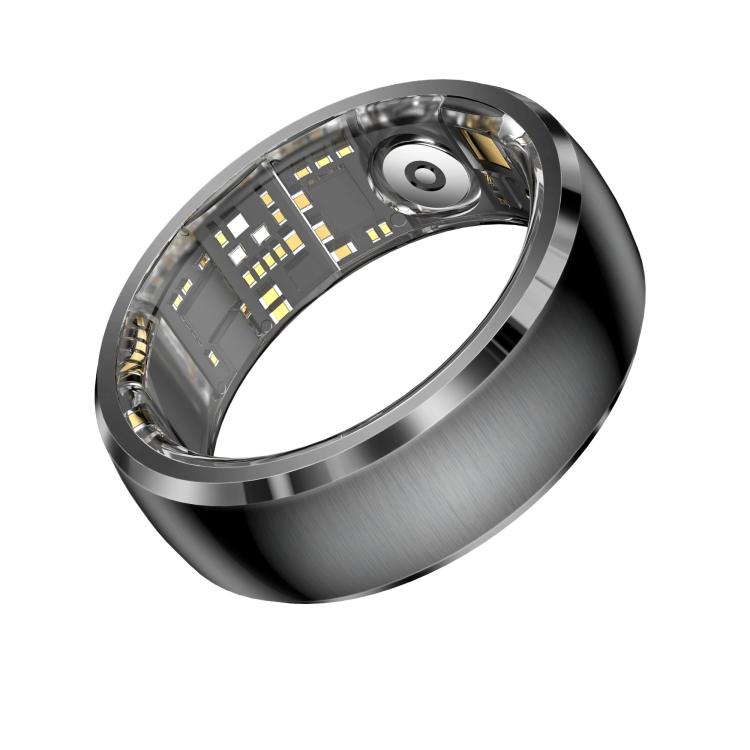 Reverse angled view of black smart ring with visible inner sensors