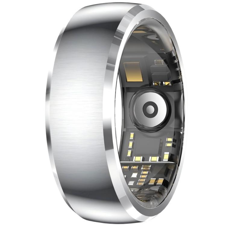 Silver smart ring with brushed outer band and visible inner sensors