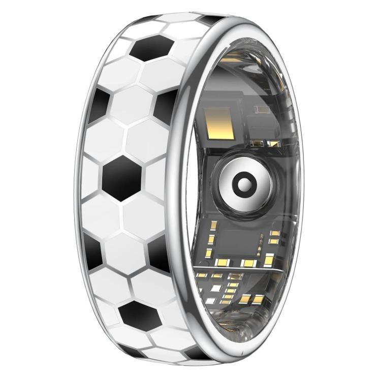Smart ring with a black-and-white soccer ball pattern and inner sensors